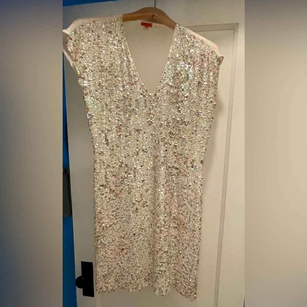 Chan Luu Ivory Sequin V-Neck Midi Dress